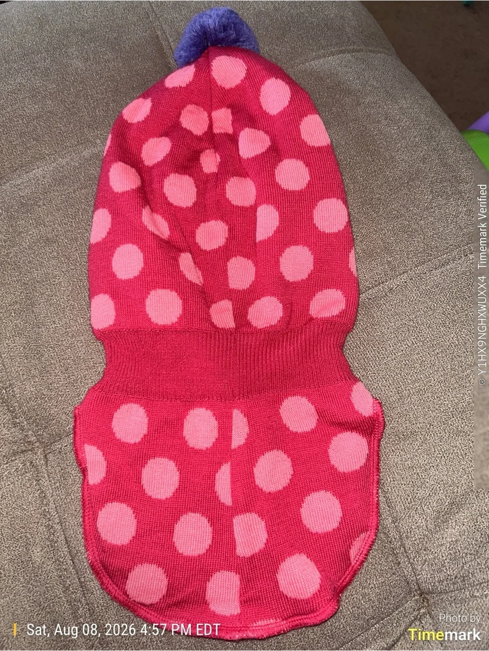 Reima Kids Pink Polka Dot Balaclava with Purple Pom — Cozy Winter Hat 3-4 years